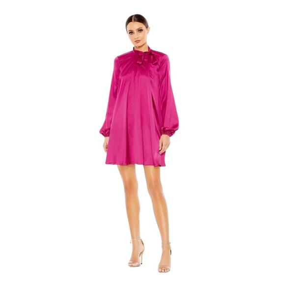 Mac Duggal NEW Size 8 Magenta Long Sleeve Satin Cocktail Mini Dress Style 55968 - Picture 1 of 9